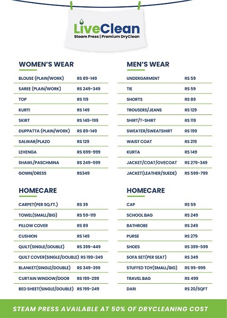 Dry Cleaning Services Price List